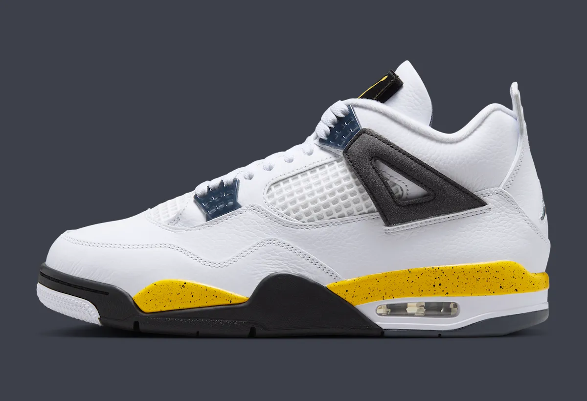 Air Jordan 4 Tour Yellow in white leather with Tour Yellow midsole accents and removable Flight patch, releasing September 5, 2026 - detail view 3