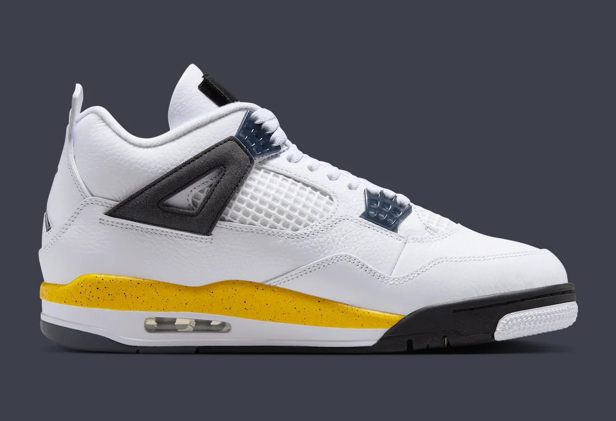 Air Jordan 4 Tour Yellow in white leather with Tour Yellow midsole accents and removable Flight patch, releasing September 5, 2026 - detail view 4
