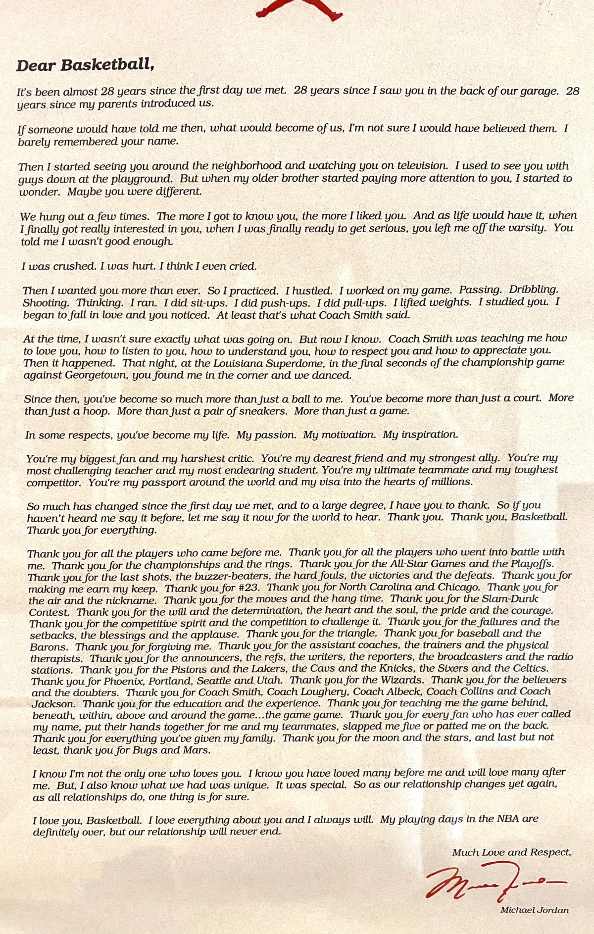 Michael Jordan Dear Basketball farewell letter from his Bulls retirement