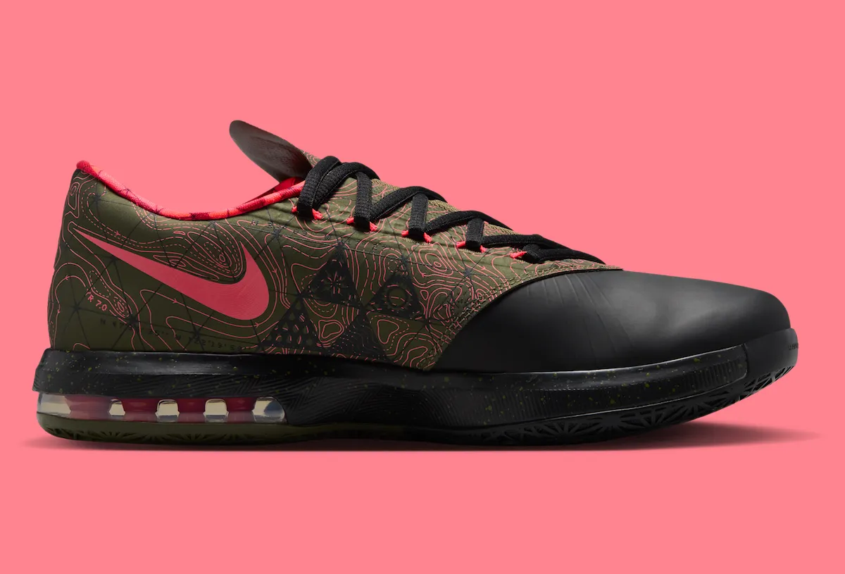 Nike KD 6 'Meteorology' in Black, Medium Olive, and Red colorway, showing checkered weather-map inspired detailing on the upper - detail view 4