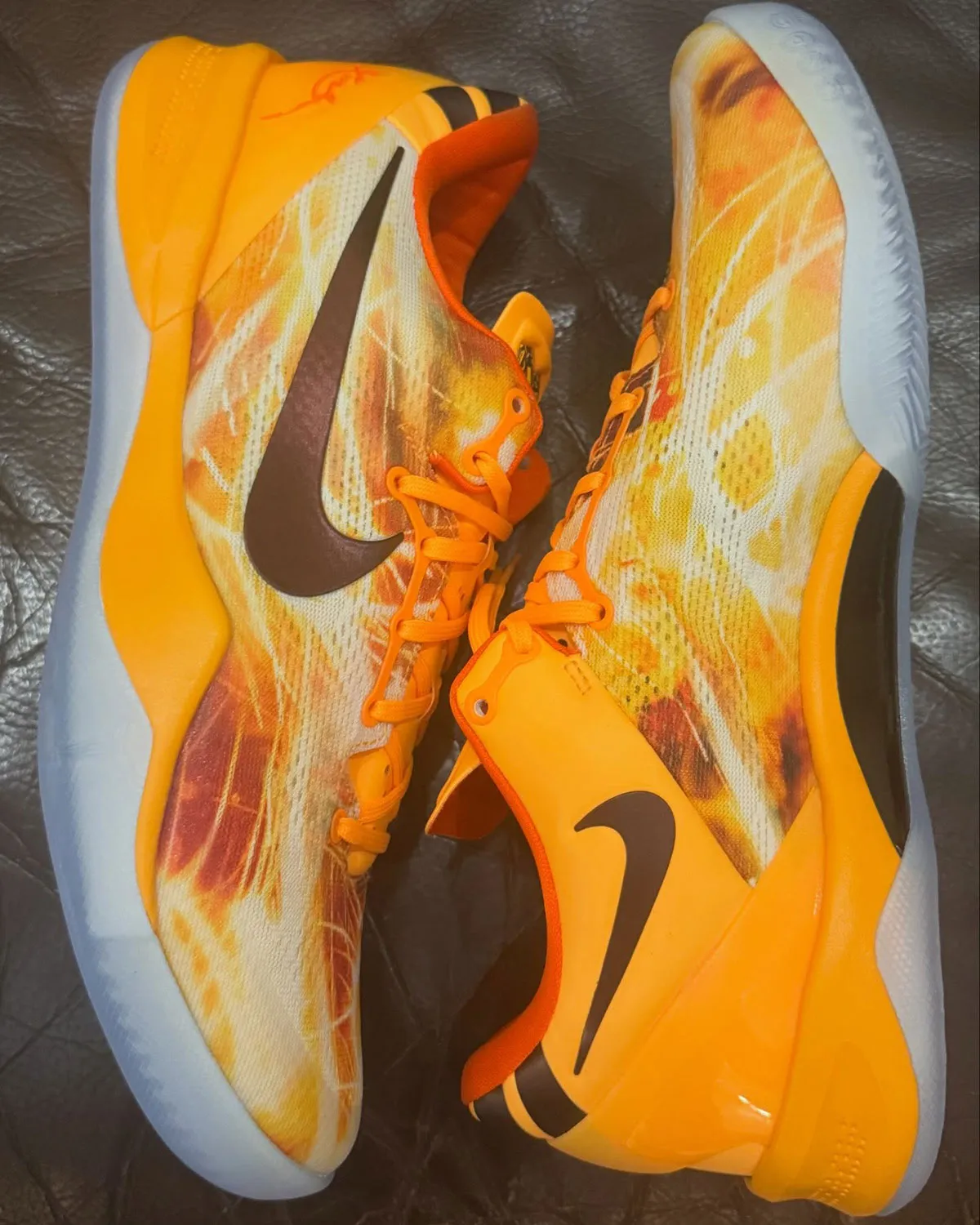 Nike Kobe 8 Protro Shanghai Fireworks in Laser Orange, Cinnabar, and Safety Orange with fiery graphic mesh upper - detail view 3