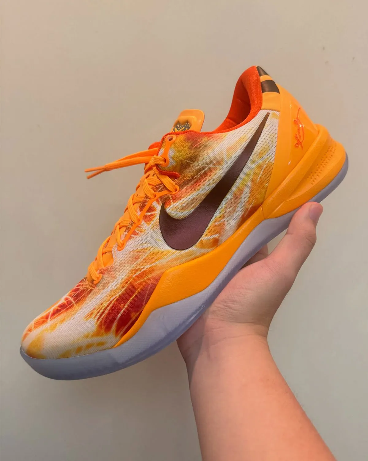 Nike Kobe 8 Protro Shanghai Fireworks in Laser Orange, Cinnabar, and Safety Orange with fiery graphic mesh upper - detail view 2