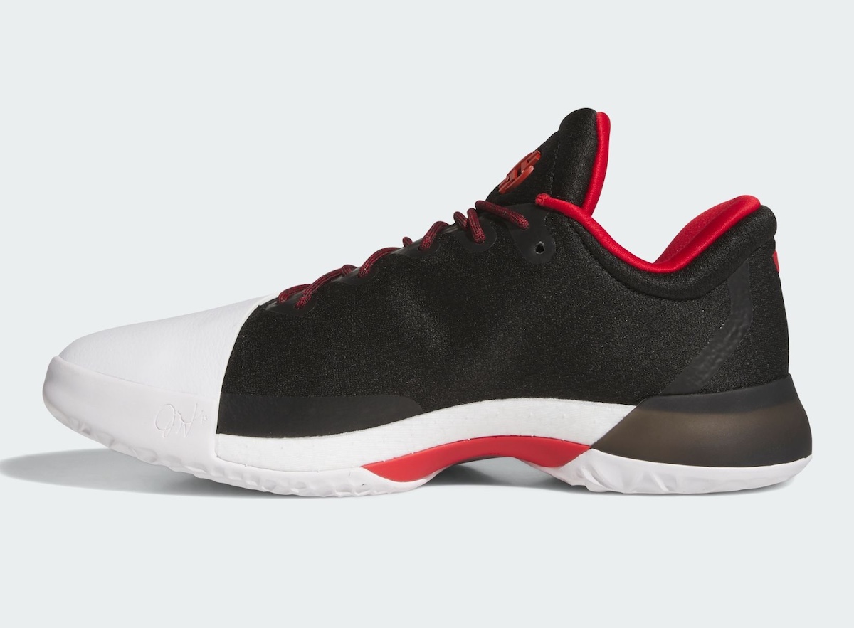 adidas Harden Vol. 1 Pioneer in Core Black, Scarlet, and Footwear White colorway, showcasing the full-length BOOST cushioning and rounded toe silhouette - detail view 3