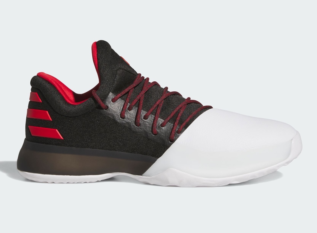 adidas Harden Vol. 1 Pioneer in Core Black, Scarlet, and Footwear White colorway, showcasing the full-length BOOST cushioning and rounded toe silhouette - detail view 2