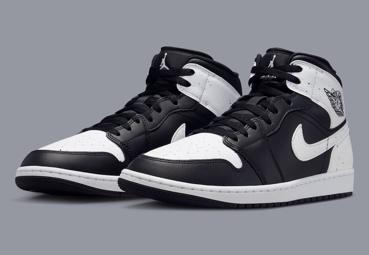 Air Jordan 1 Mid Oreo in black and white leather with speckled paint accents, releasing Fall 2026 - detail view 2