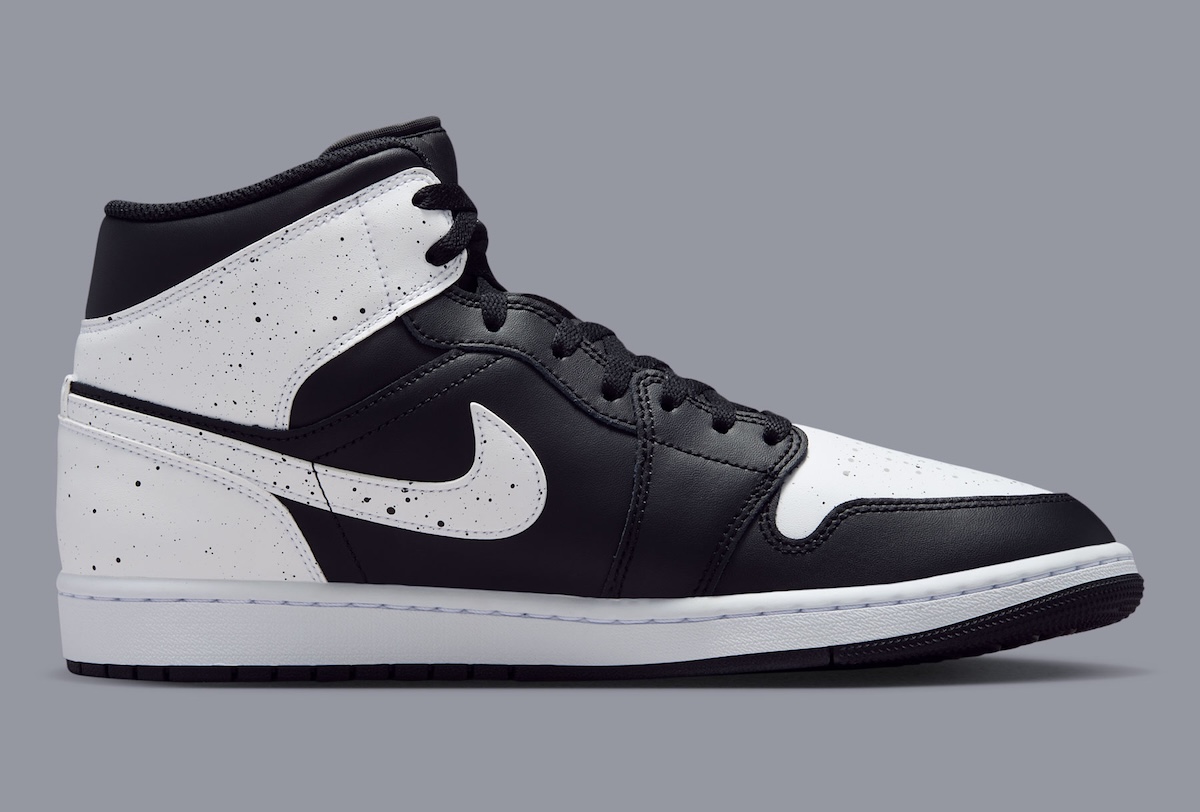 Air Jordan 1 Mid Oreo in black and white leather with speckled paint accents, releasing Fall 2026 - detail view 4