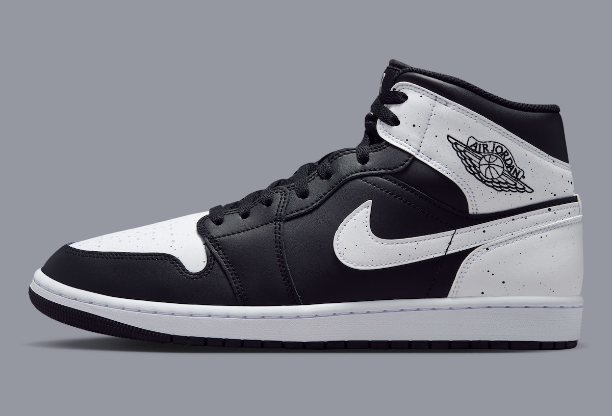 Air Jordan 1 Mid Oreo in black and white leather with speckled paint accents, releasing Fall 2026 - detail view 3