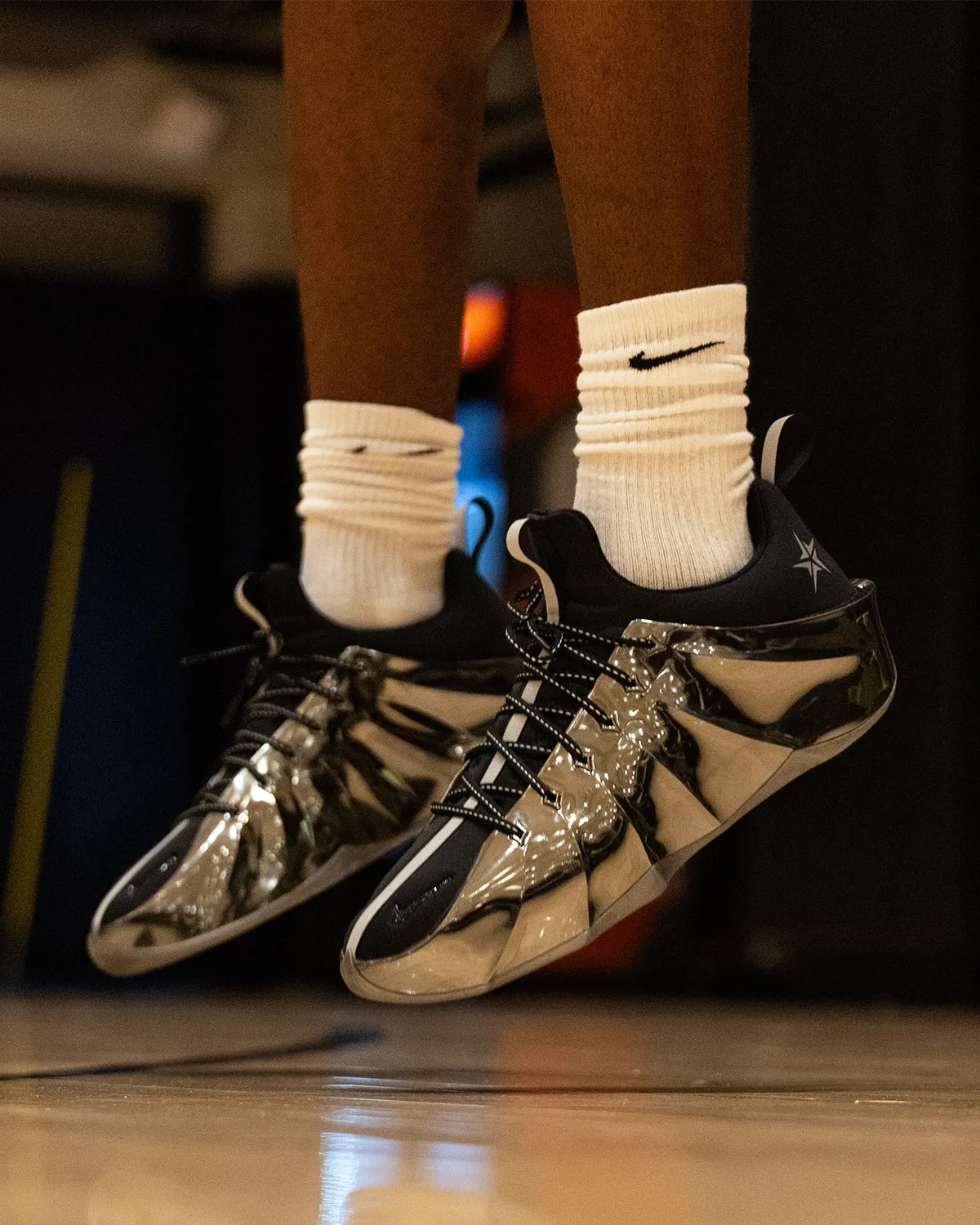 AJ Dybantsa wearing unreleased Nike GT low-cut basketball model with molded shell construction and custom PE heel logo during NBA Summer League Las Vegas workout - detail view 3