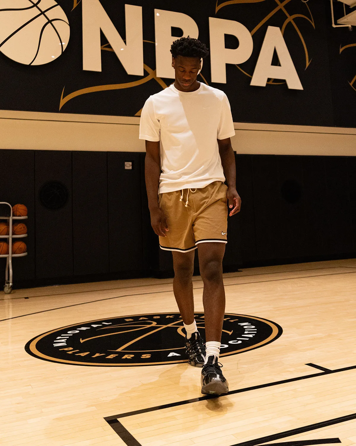 AJ Dybantsa wearing unreleased Nike GT low-cut basketball model with molded shell construction and custom PE heel logo during NBA Summer League Las Vegas workout - detail view 5