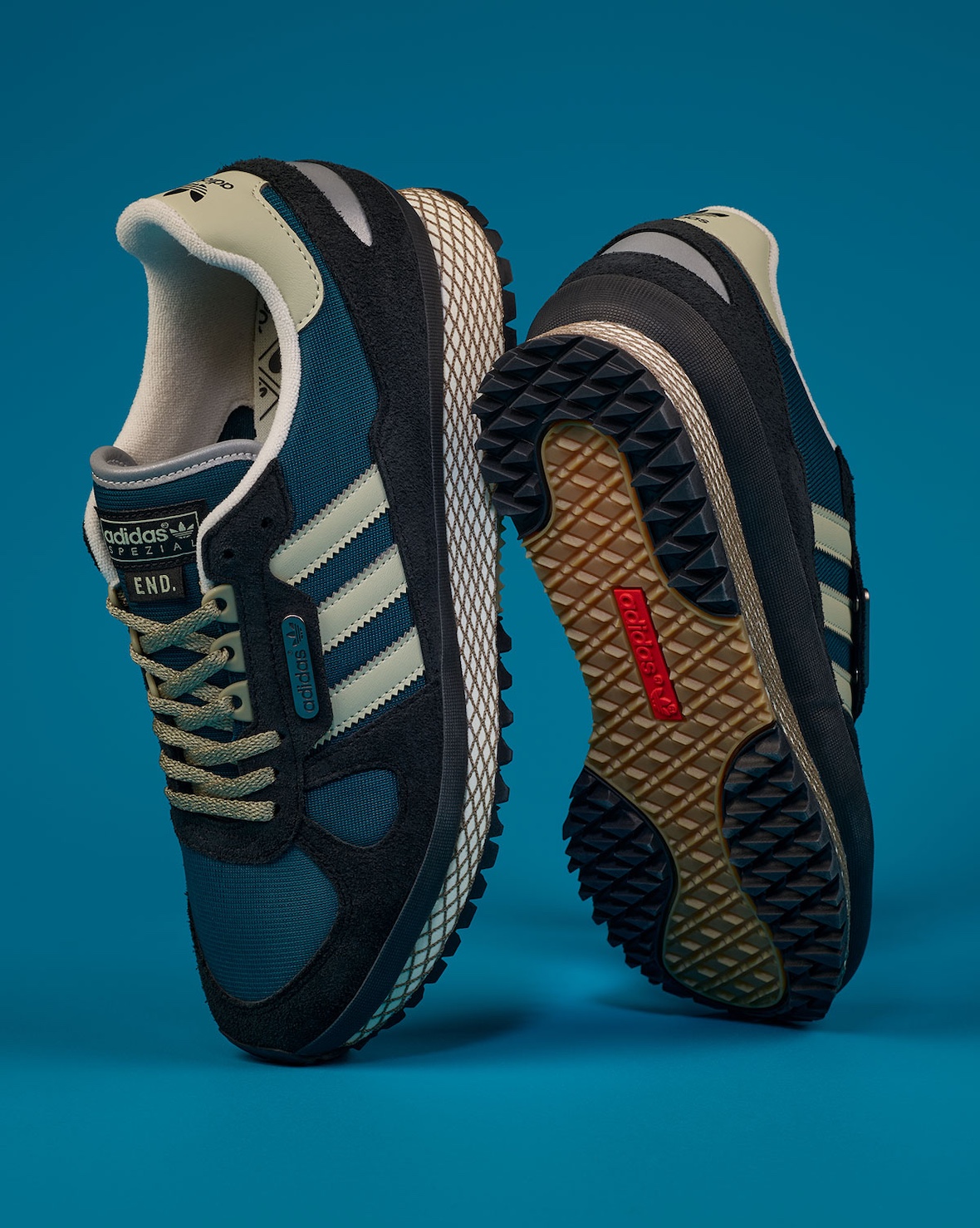 END. Clothing x adidas SPZL collection featuring brown Lytham, sage green Munchen II, and navy New York II Outdoor silhouettes with co-branded apparel - detail view 3