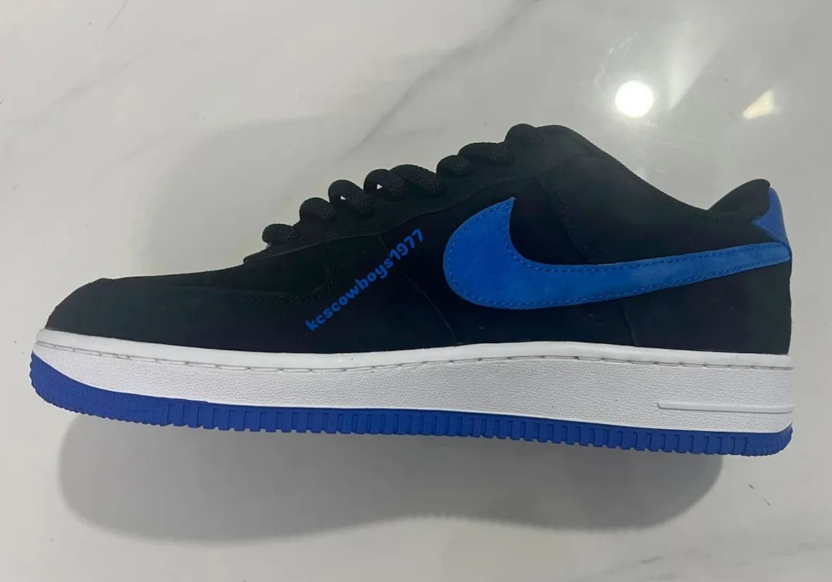 Nike SB Air Force 1 x Instant Skateboards in black suede with Game Royal Swoosh and heel tab - detail view 4
