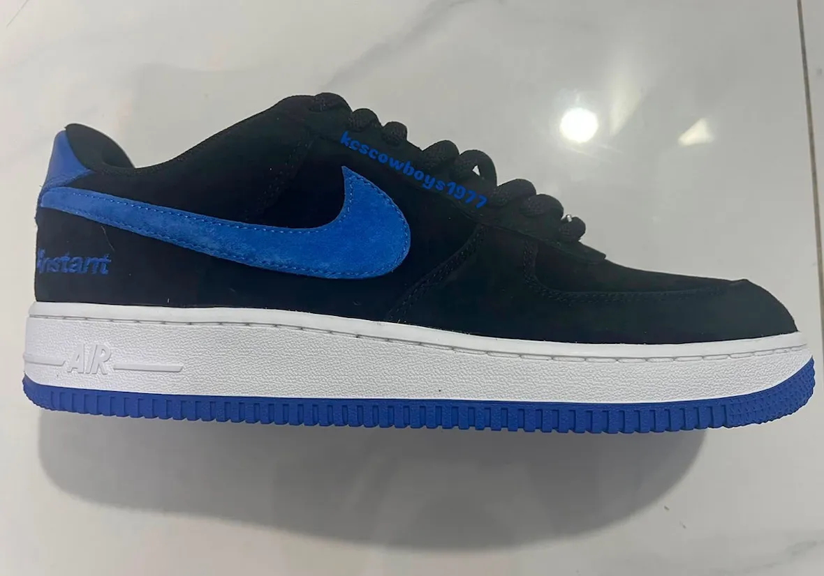 Nike SB Air Force 1 x Instant Skateboards in black suede with Game Royal Swoosh and heel tab - detail view 3