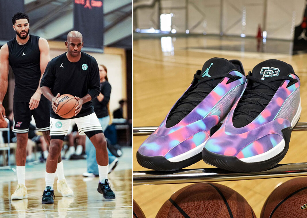 Jayson Tatum wearing the exclusive Jordan Tatum 4 PE in pink, purple, and yellow at the Tatum x CP3 Elite Camp in Las Vegas - detail view 1