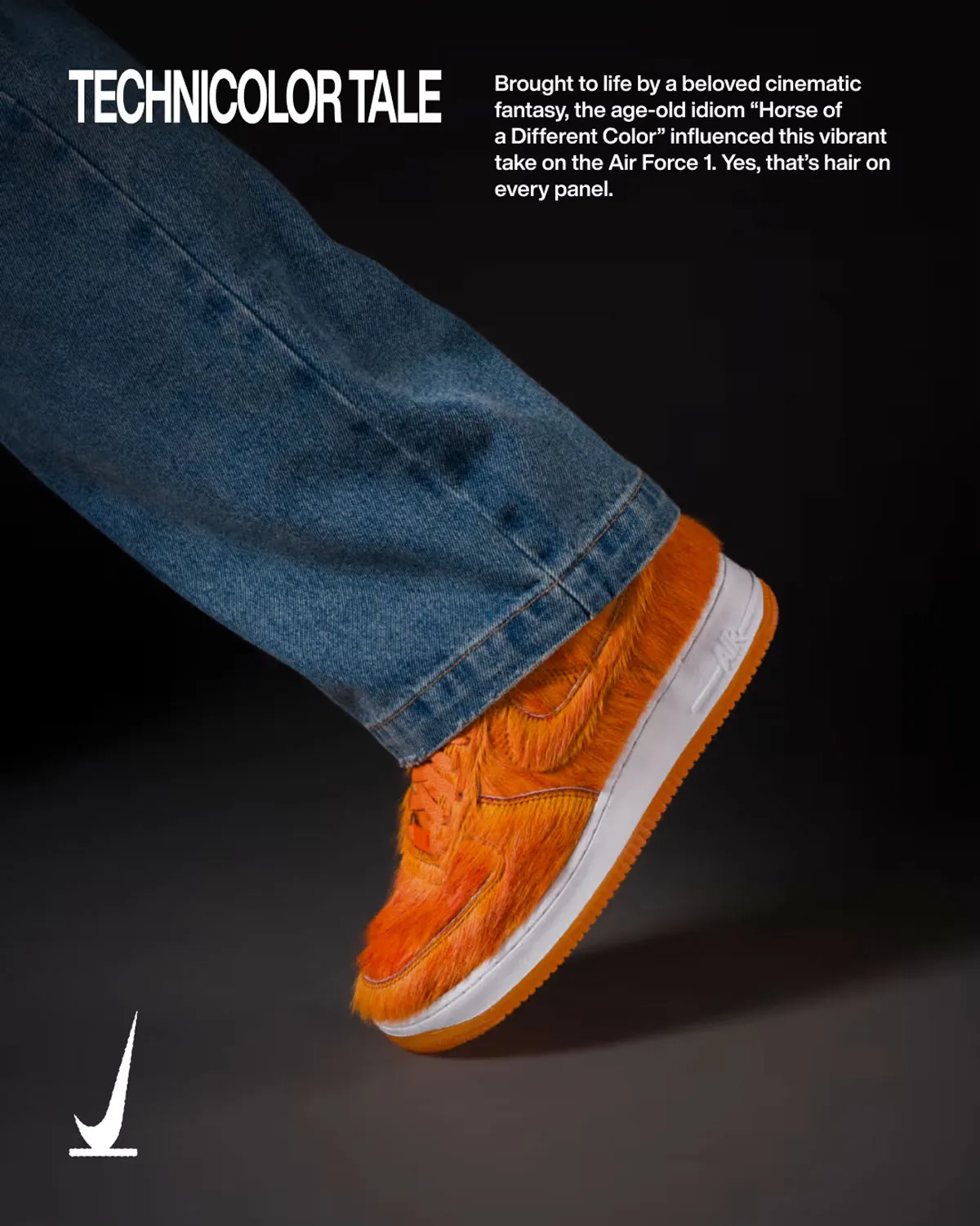 Nike Air Force 1 Low in Campfire Orange pony hair with white midsole, showing full faux fur coverage across upper - detail view 2