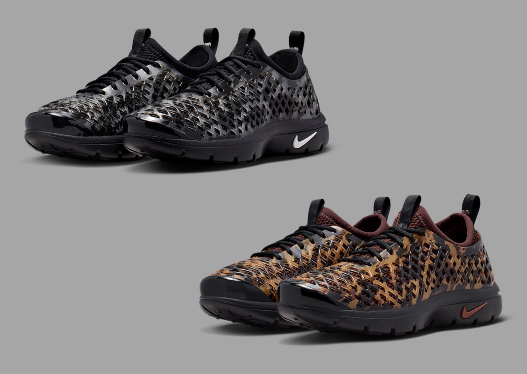 Nike Air Rejuven8 Black Camo slip-on recovery shoe with semi-translucent molded cage and white Swoosh - detail view 1