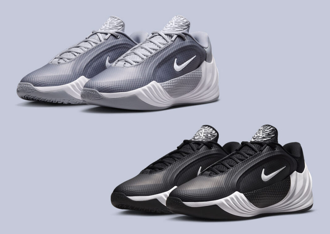 Nike Giannis Freak 8 Team Bank in Wolf Grey/Volt-White and Black/Volt-White colorways, showing side profile and traction pattern detail - detail view 1