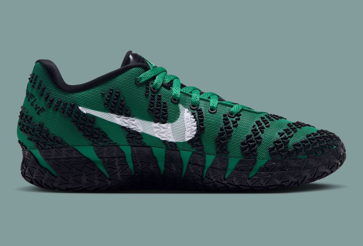 Nike Ja 3 'Garden' in malachite green with white Swoosh and oversized lateral A branding, inspired by Ja Morant's Madison Square Garden player-exclusive - detail view 4