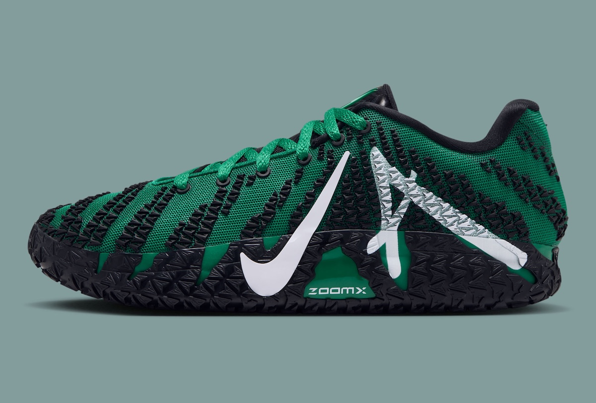 Nike Ja 3 'Garden' in malachite green with white Swoosh and oversized lateral A branding, inspired by Ja Morant's Madison Square Garden player-exclusive - detail view 3