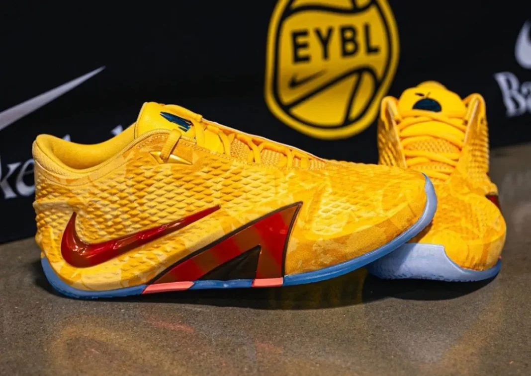 Nike Ja 4 EYBL Peach Jam PE in peach-yellow with metallic red Swoosh and icy blue sole, exclusive player edition for Peach Jam tournament - detail view 1