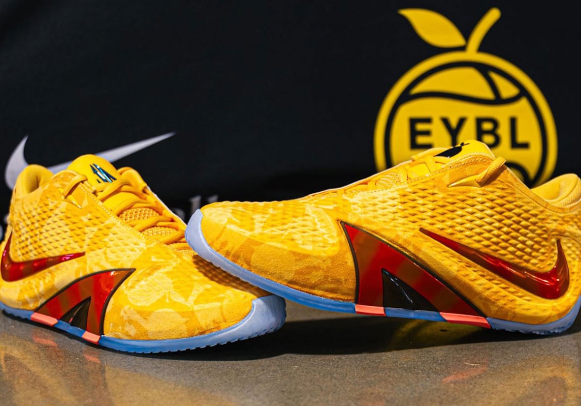 Nike Ja 4 EYBL Peach Jam PE in peach-yellow with metallic red Swoosh and icy blue sole, exclusive player edition for Peach Jam tournament - detail view 4