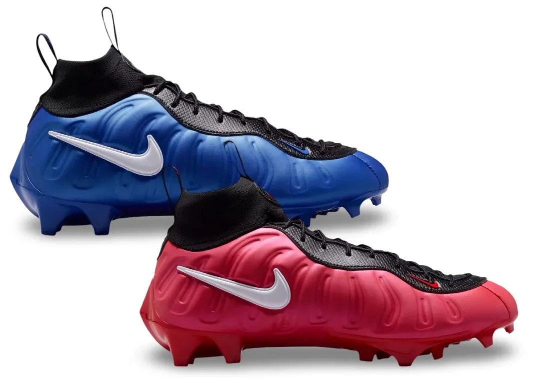 Nike Vaporposite Pro Game Royal and University Red football cleats with molded Foamposite uppers and white Swoosh detailing - detail view 1