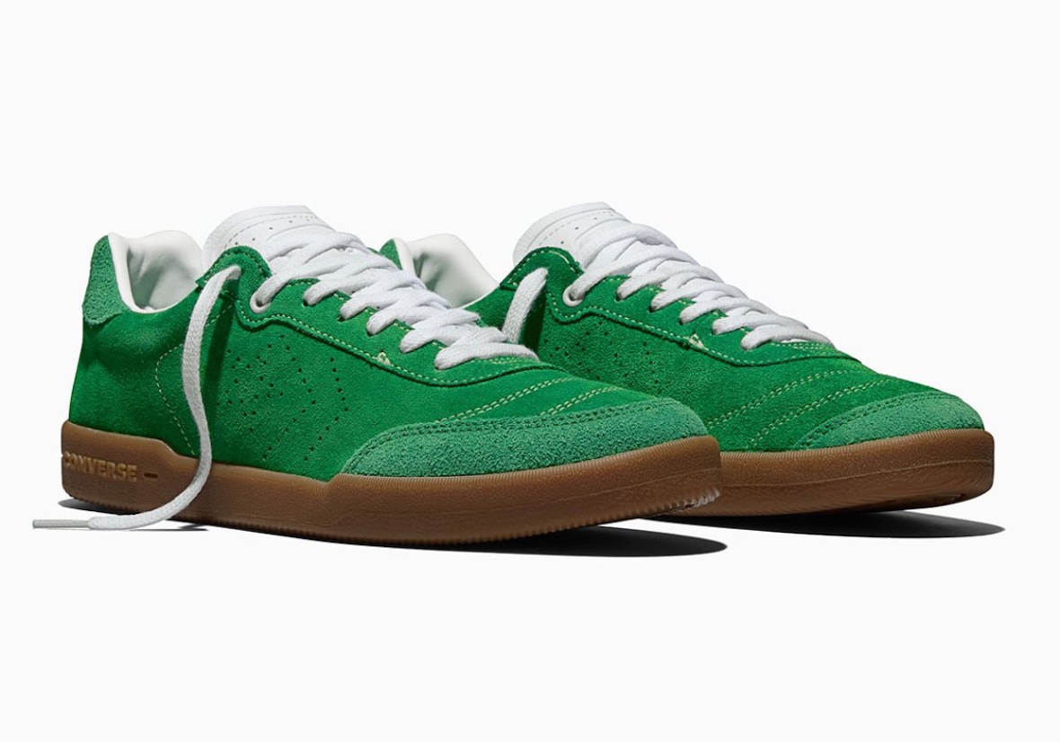 Noah x Converse Louie Lopez 2 Pro in deep green suede with perforated branding, featuring brown gum rubber sole - detail view 2