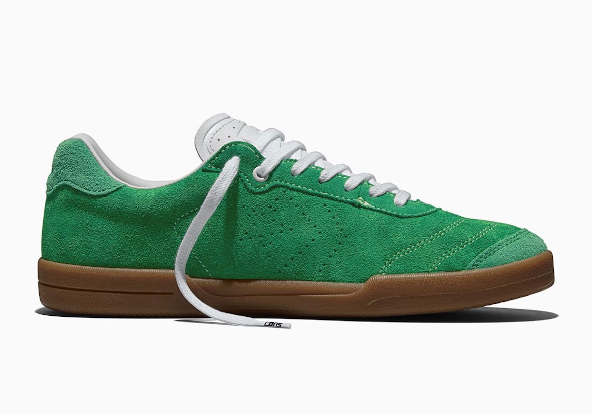 Noah x Converse Louie Lopez 2 Pro in deep green suede with perforated branding, featuring brown gum rubber sole - detail view 3