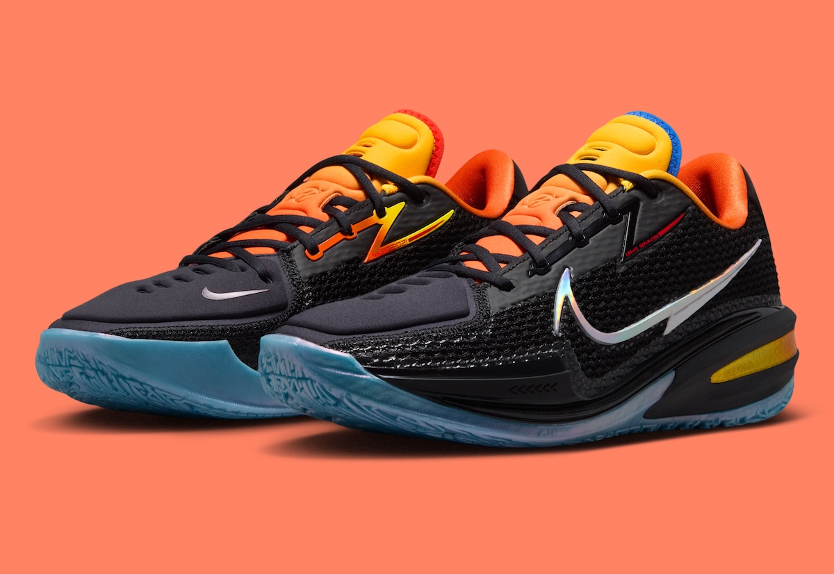 Nike GT Cut 1 in 'Before The Light' colorway by Dylan Harper and TITAN, featuring black mesh upper with orange, yellow, blue, and red accents - detail view 2