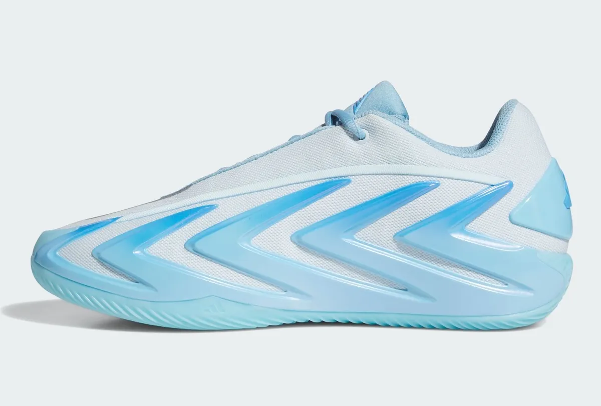 Adidas Anthony Edwards 3 Bliss Blue sneaker with mesh upper and molded TPU overlays, releasing September 2026 - detail view 3