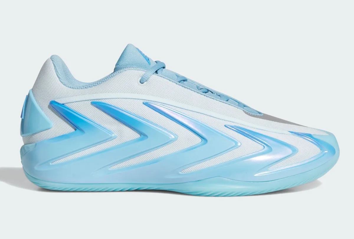 Adidas Anthony Edwards 3 Bliss Blue sneaker with mesh upper and molded TPU overlays, releasing September 2026 - detail view 2