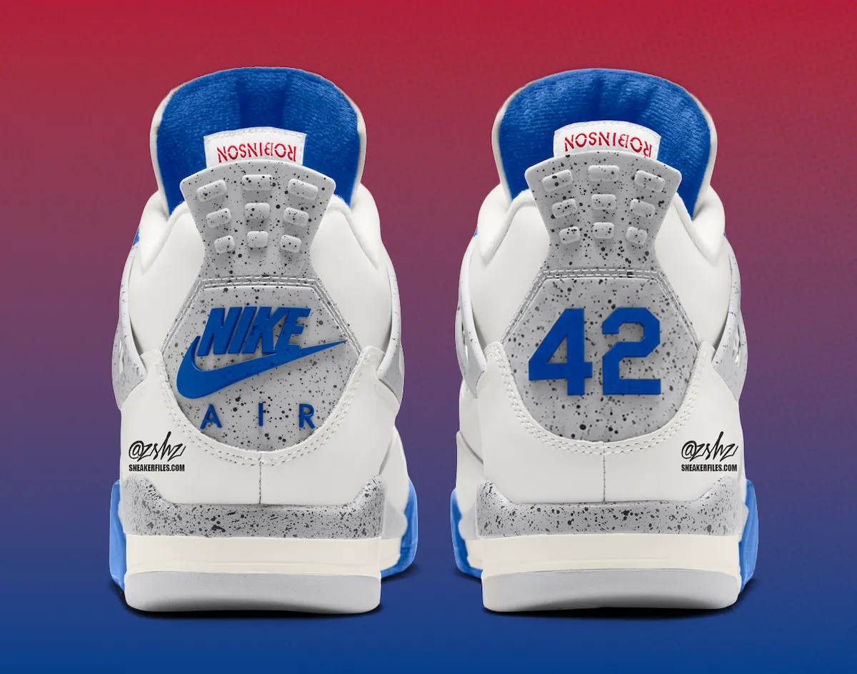 Air Jordan 4 Jackie Robinson in Sail with Dodgers blue and red accents, featuring Robinson's No. 42 on the heel and heritage detailing - detail view 4
