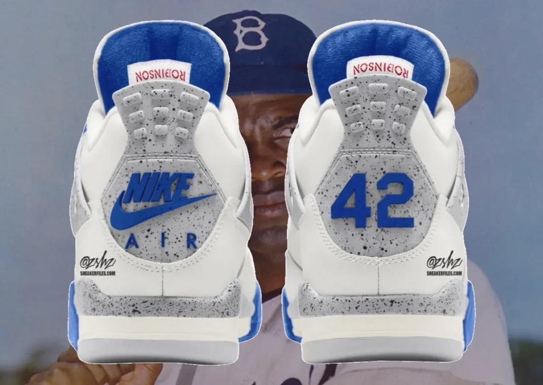 Air Jordan 4 Jackie Robinson in Sail with Dodgers blue and red accents, featuring Robinson's No. 42 on the heel and heritage detailing - detail view 1
