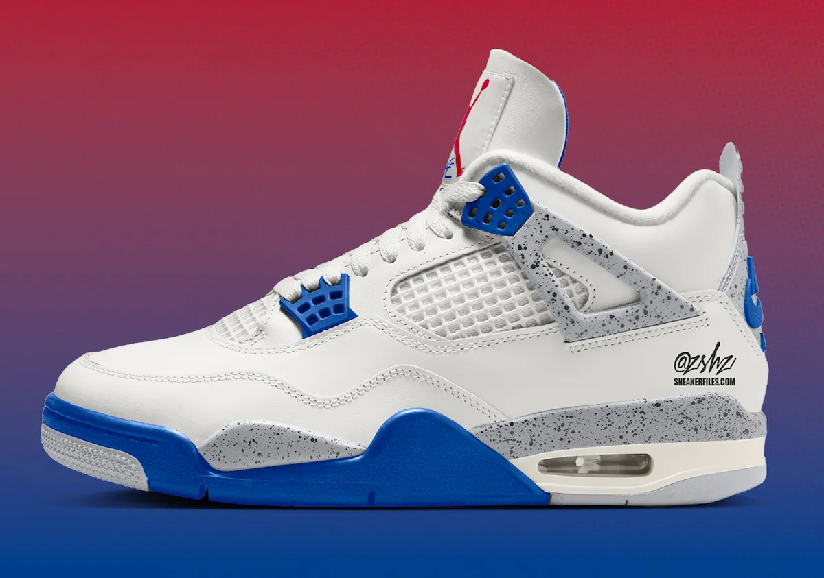 Air Jordan 4 Jackie Robinson in Sail with Dodgers blue and red accents, featuring Robinson's No. 42 on the heel and heritage detailing - detail view 3