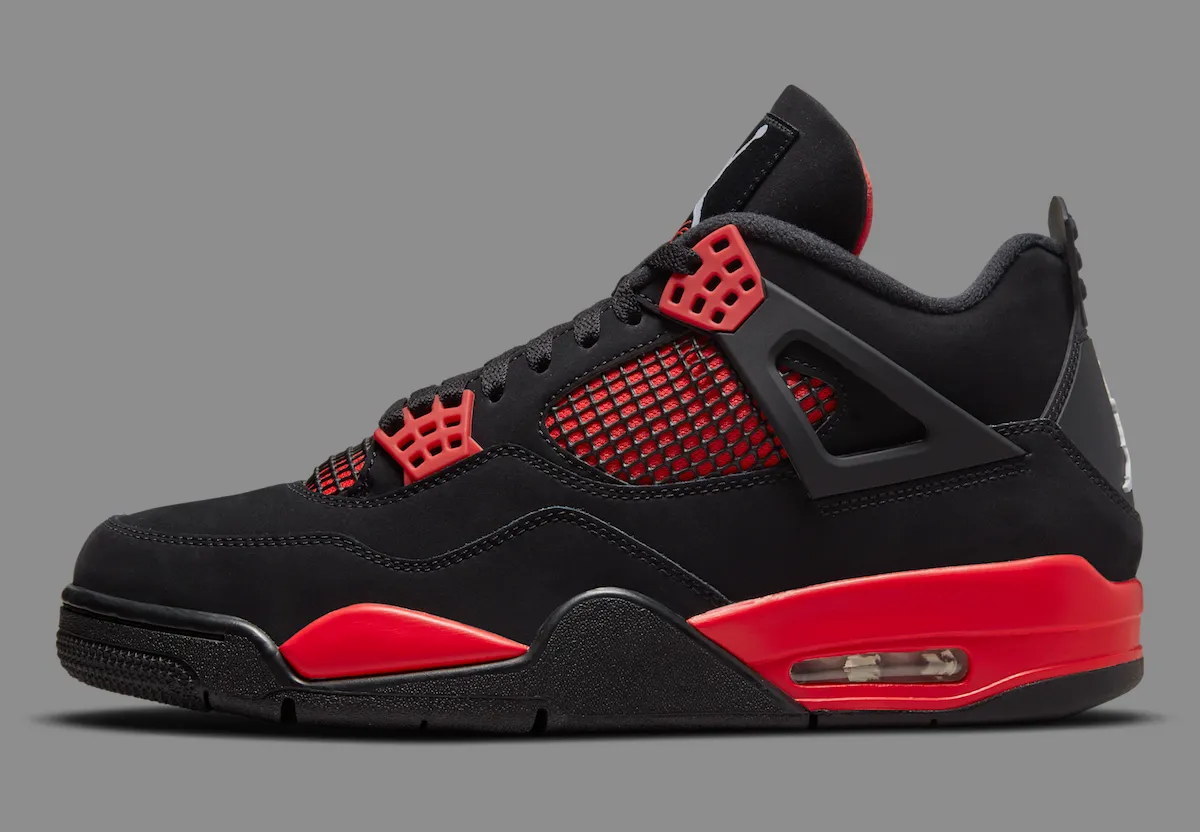 Air Jordan 4 'Red Thunder' with black nubuck upper and crimson accents on side mesh and midsole - detail view 3