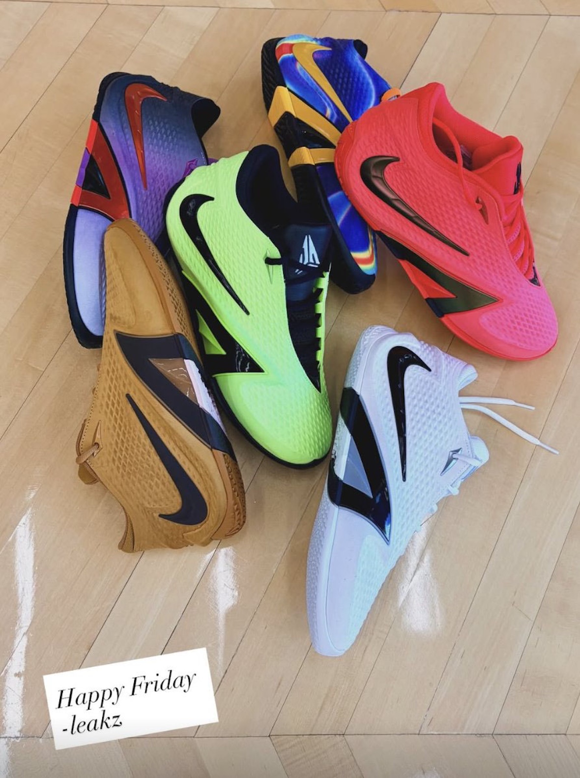 Six upcoming Nike Ja 4 colorways displayed in group shot, showcasing gradient treatments and new one-piece upper design - detail view 2