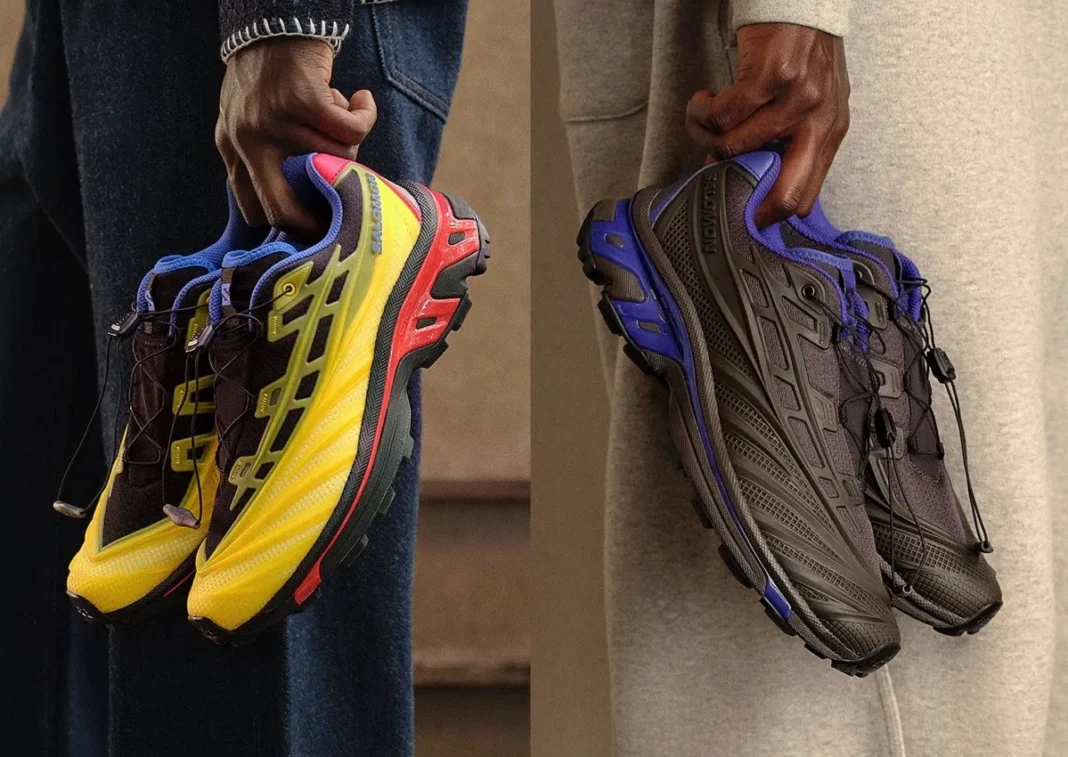 Kith x Salomon XT-EVO in black, yellow, red and blue colorway, featuring molded TPE upper and reinforced trail-running sole - detail view 1