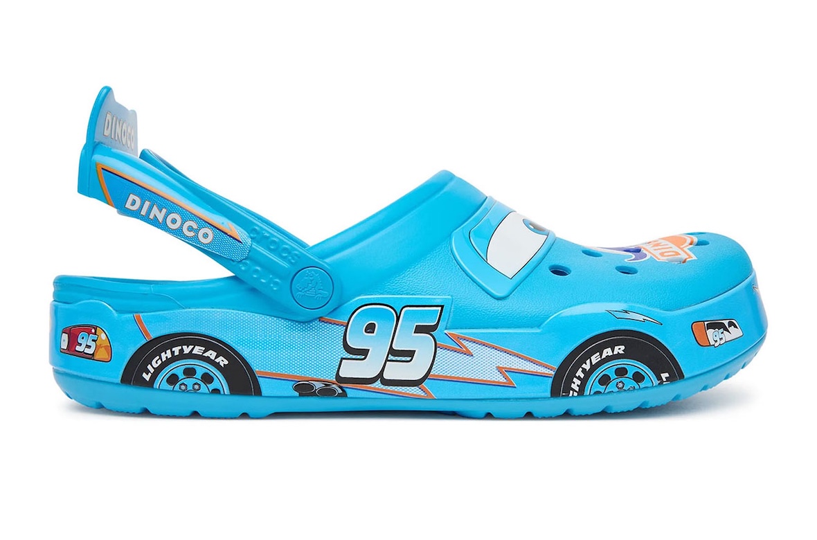 Cars x Crocs Classic Clog Lightning McQueen Dinoco lateral view showing number 95 and Dinoco racing graphics
