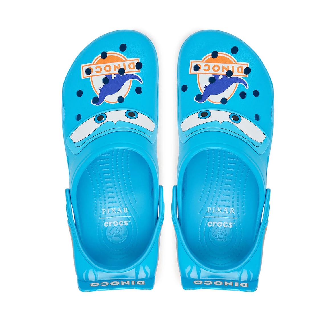 Cars x Crocs Classic Clog Lightning McQueen Dinoco front view showing windshield eyes smiling grille and dinosaur logo