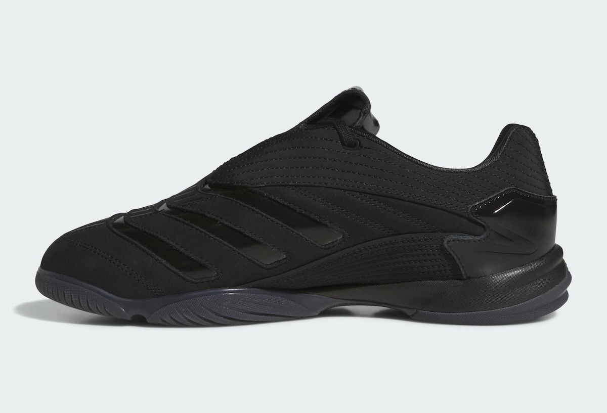Metalwood x adidas Predator Sala in triple black with soft suede upper and glossy accents, released August 2026 - detail view 3