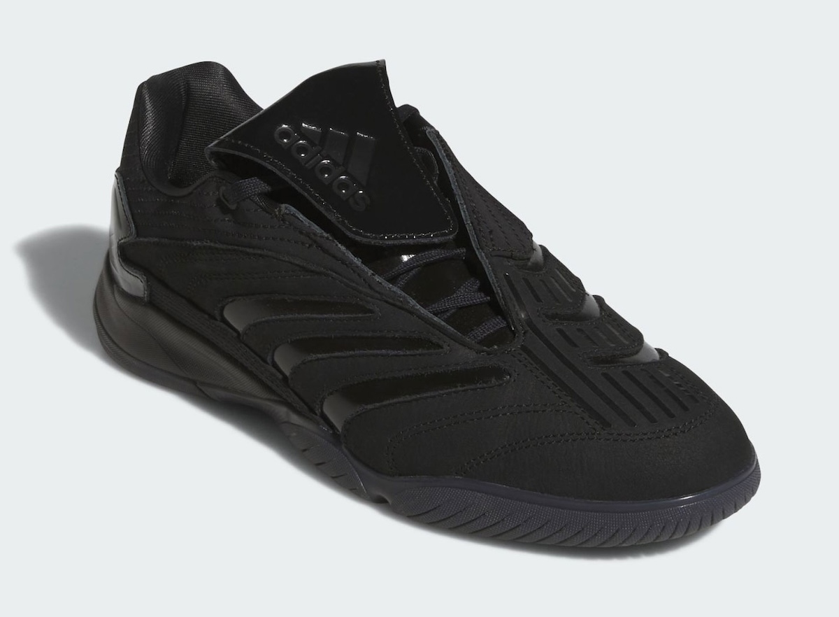 Metalwood x adidas Predator Sala in triple black with soft suede upper and glossy accents, released August 2026 - detail view 4