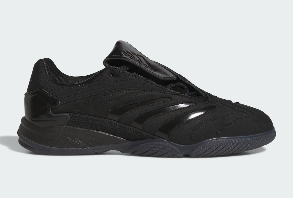 Metalwood x adidas Predator Sala in triple black with soft suede upper and glossy accents, released August 2026 - detail view 2