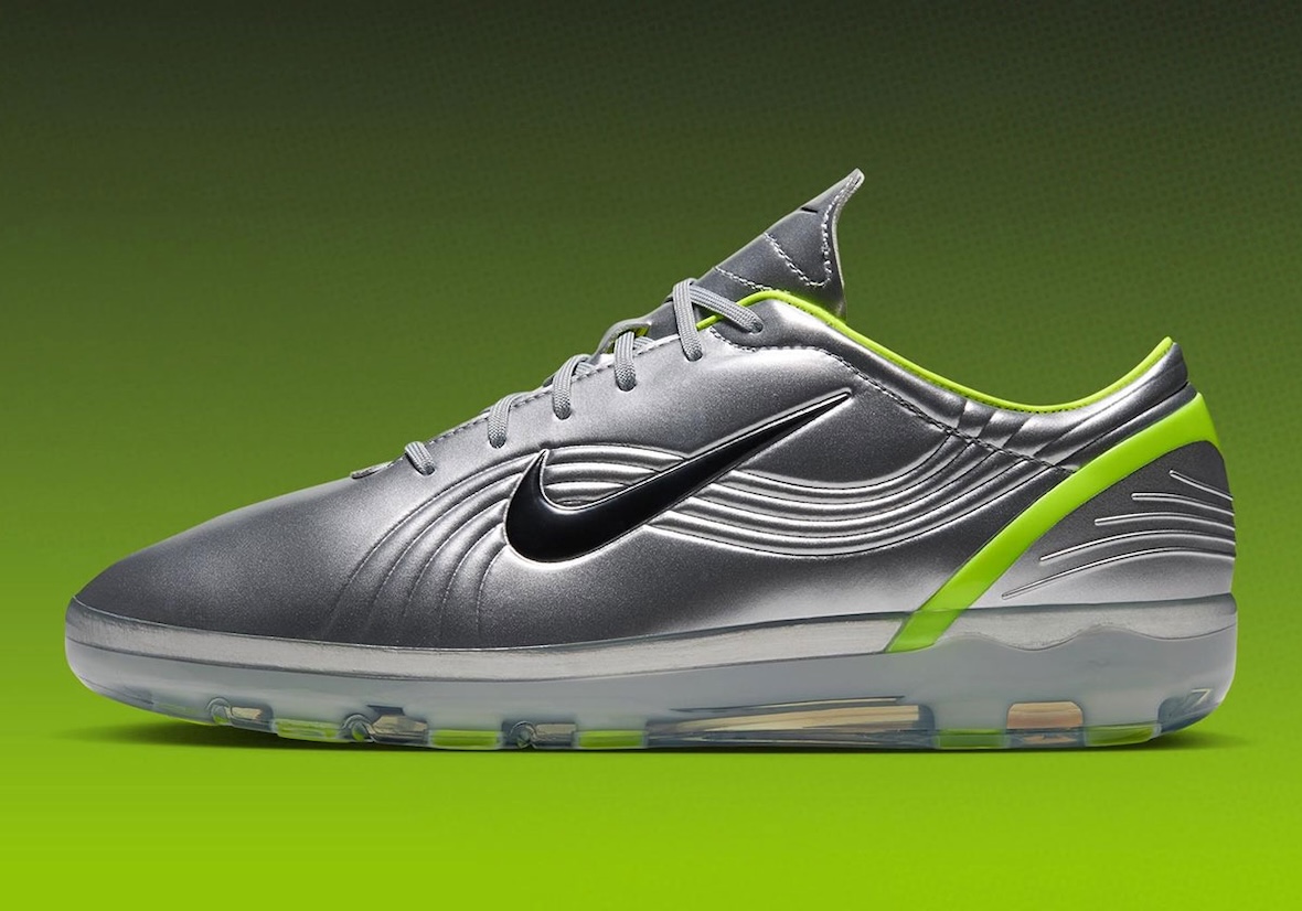 Nike Mercurial Vapor 1 OG Chrome with metallic silver upper and Hot Lime accents, featuring translucent Cryoshot sole tooling - detail view 3