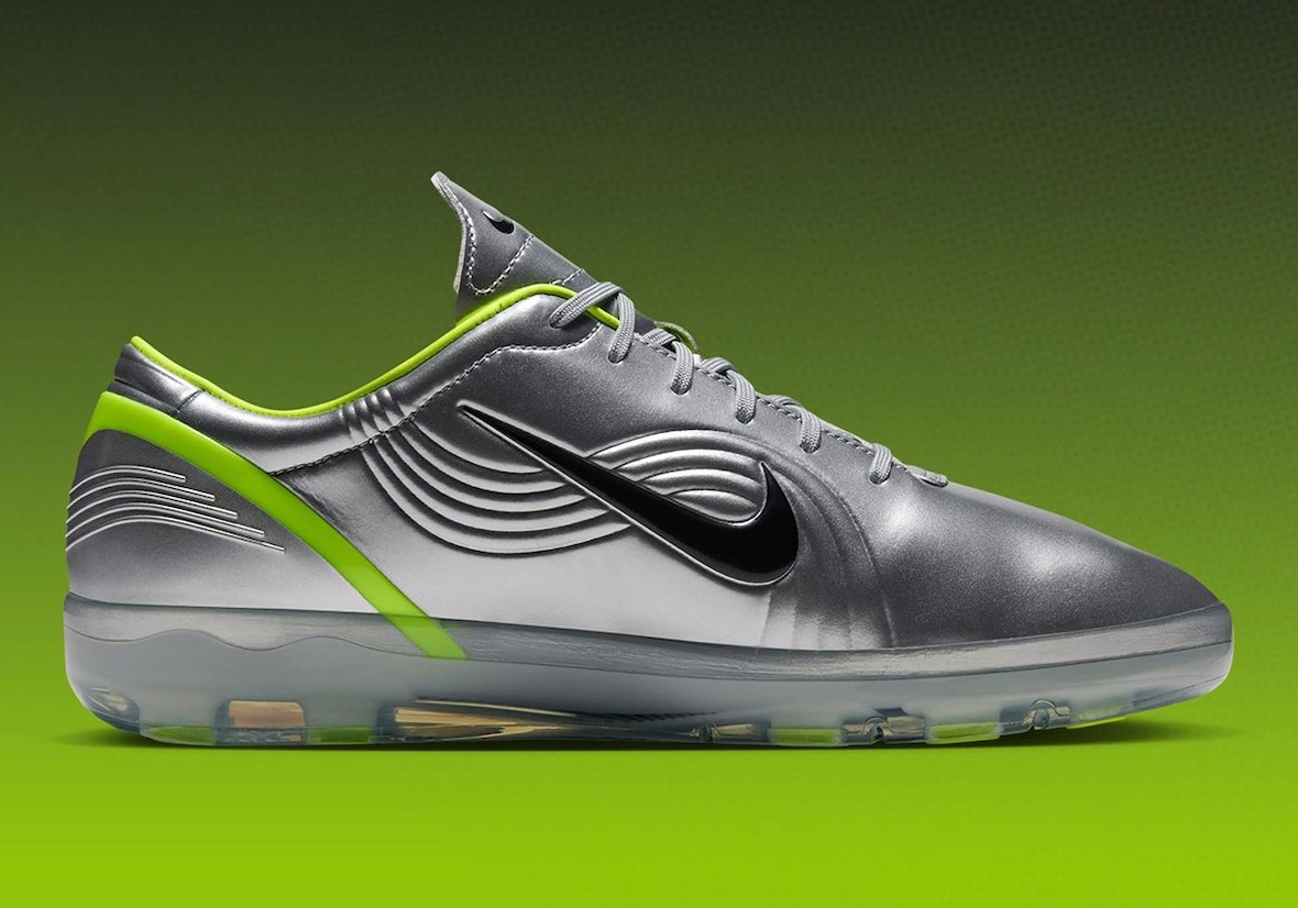 Nike Mercurial Vapor 1 OG Chrome with metallic silver upper and Hot Lime accents, featuring translucent Cryoshot sole tooling - detail view 4