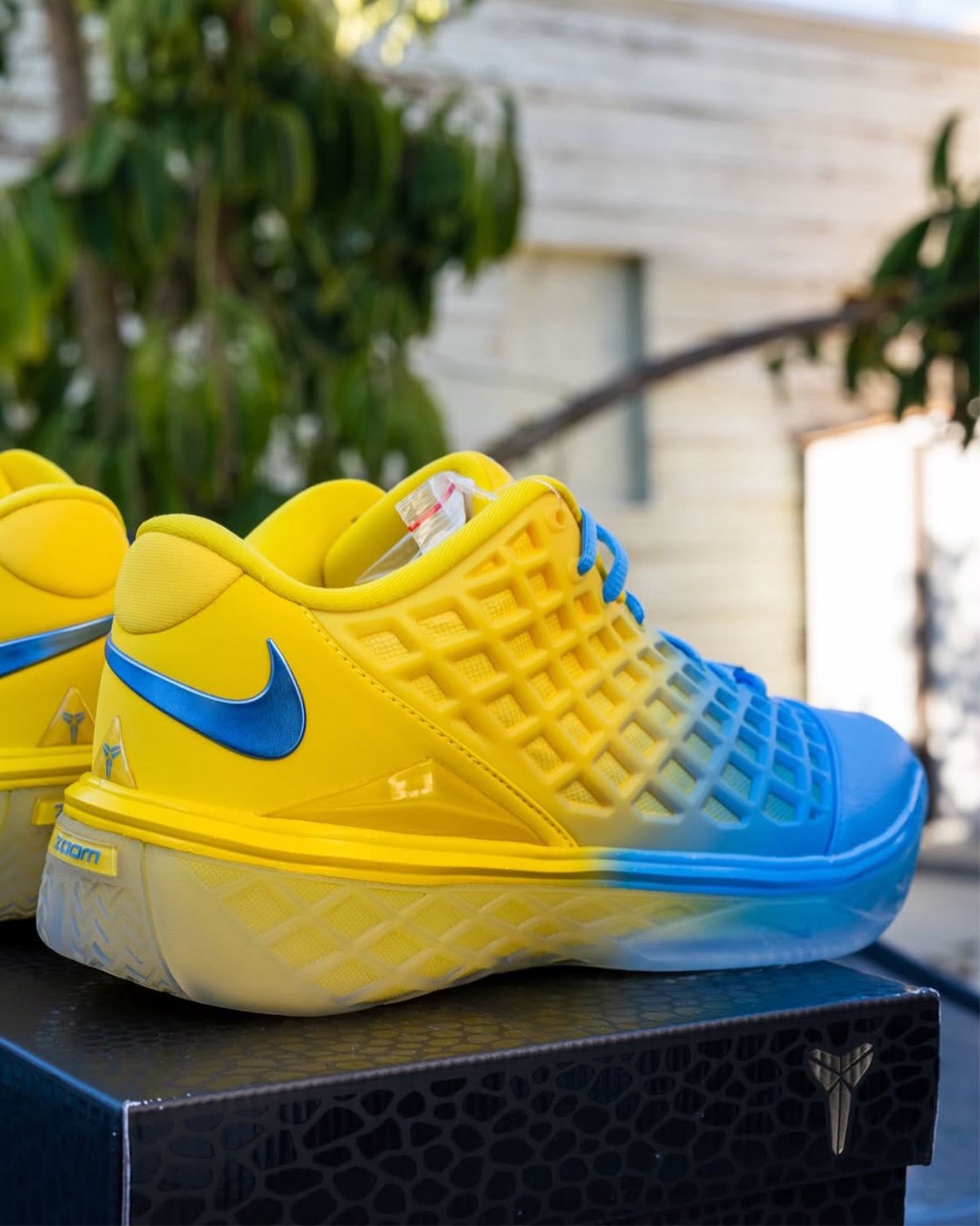 Nike Kobe 3 Low Protro "The Shaw" in Midwest Gold and University Blue, displayed from multiple angles showing the gradient heel-to-toe color transition inspired by Crenshaw High School. - detail view 5