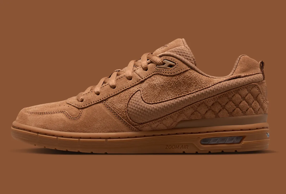Nike SB P-Rod 1 in Light British Tan colorway, showing monochromatic brown suede upper with mesh Swoosh and visible Zoom Air unit - detail view 3
