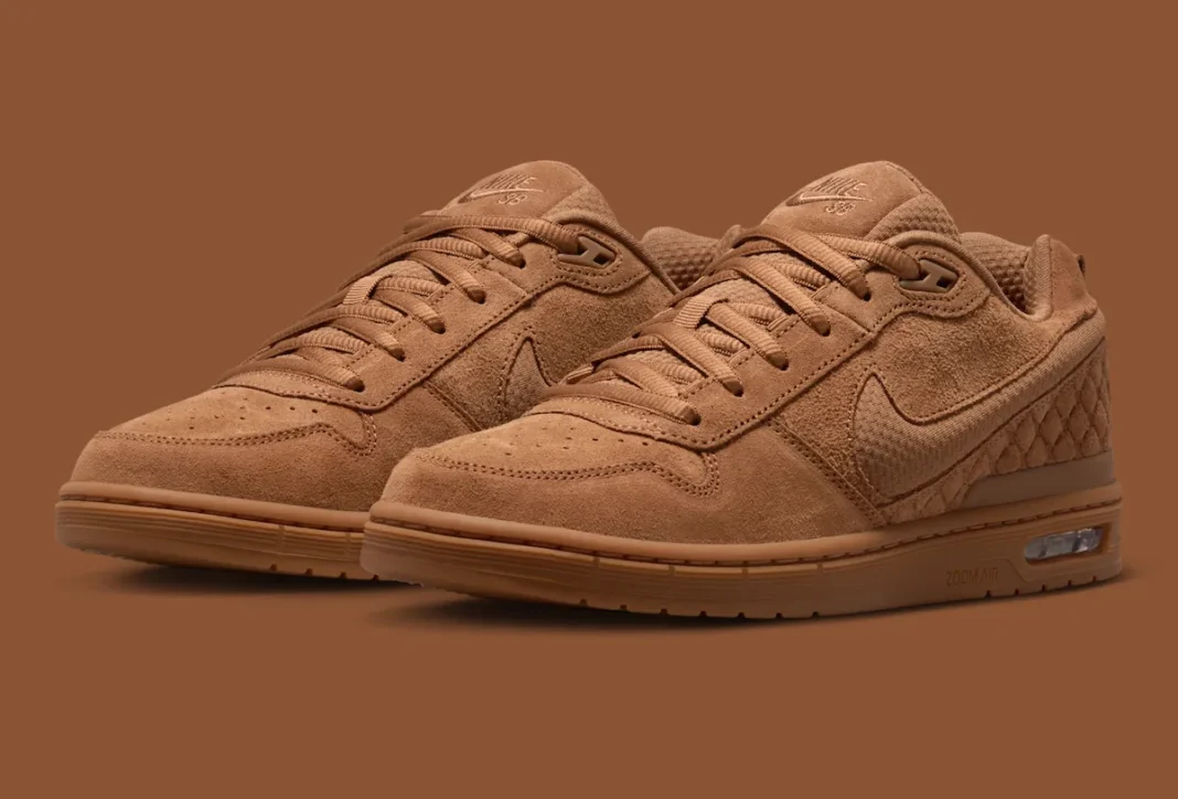 Nike SB P-Rod 1 in Light British Tan colorway, showing monochromatic brown suede upper with mesh Swoosh and visible Zoom Air unit - detail view 1