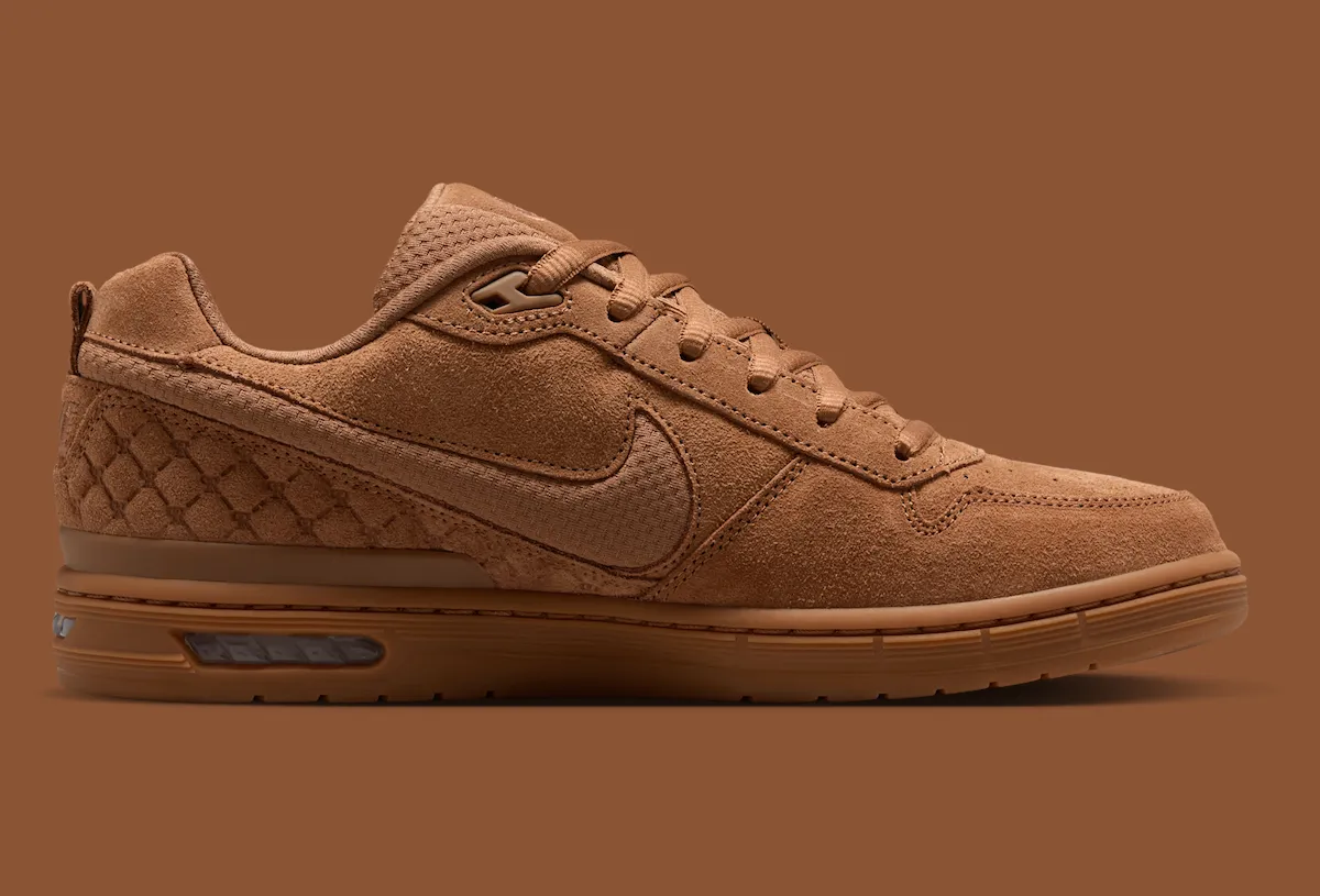 Nike SB P-Rod 1 in Light British Tan colorway, showing monochromatic brown suede upper with mesh Swoosh and visible Zoom Air unit - detail view 4