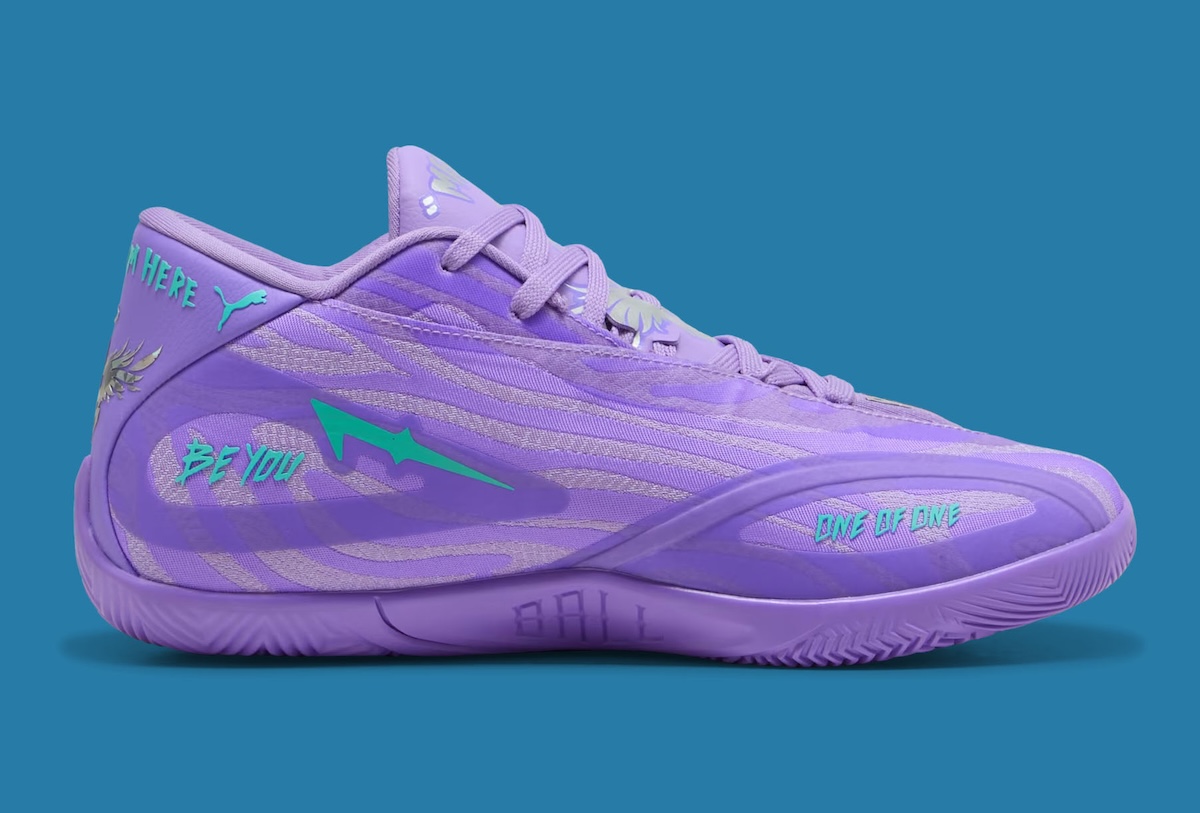 PUMA MB.06 Shooting Star in Dark Amethyst and Lavender Alert colorway with blue accents and layered upper construction - detail view 3