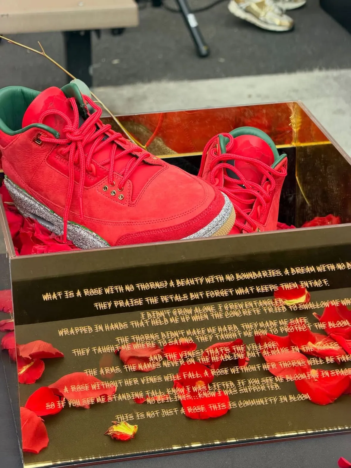 Unreleased Teyana Taylor x Air Jordan 3 sample in red and grey displayed at Dyckman Basketball League - detail view 2